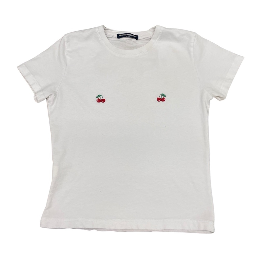 Brandy Melville Cherry Embroidered Short Sleeve Tee White T-shirt Summer Top